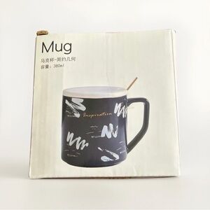 NEW 12.8oz Ceramic Coffee Mug, Abstract Pattern Mug W/ Lid & Spoon Navy Blue